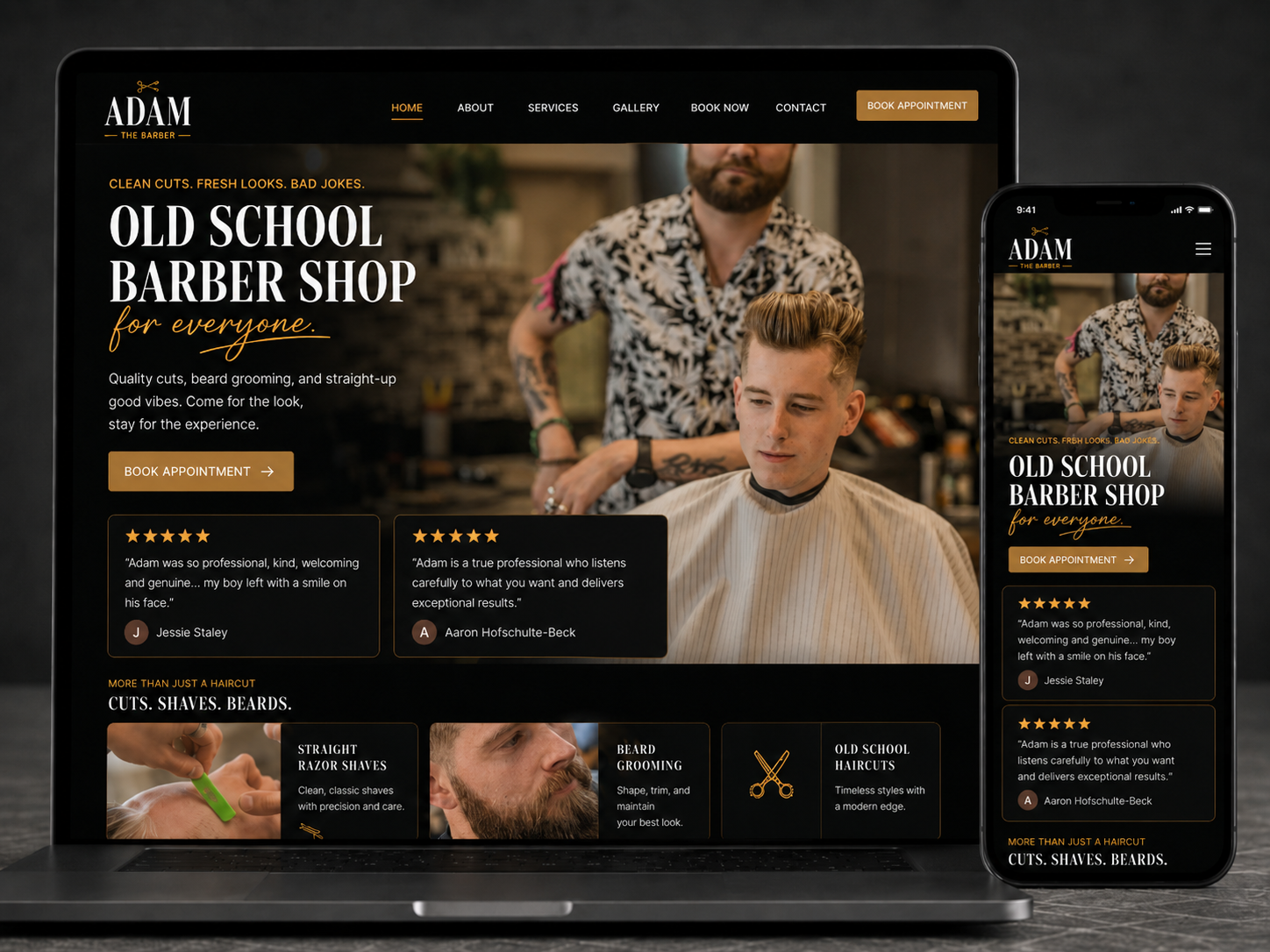 Barber shop website mockup with desktop and mobile appointment booking layouts