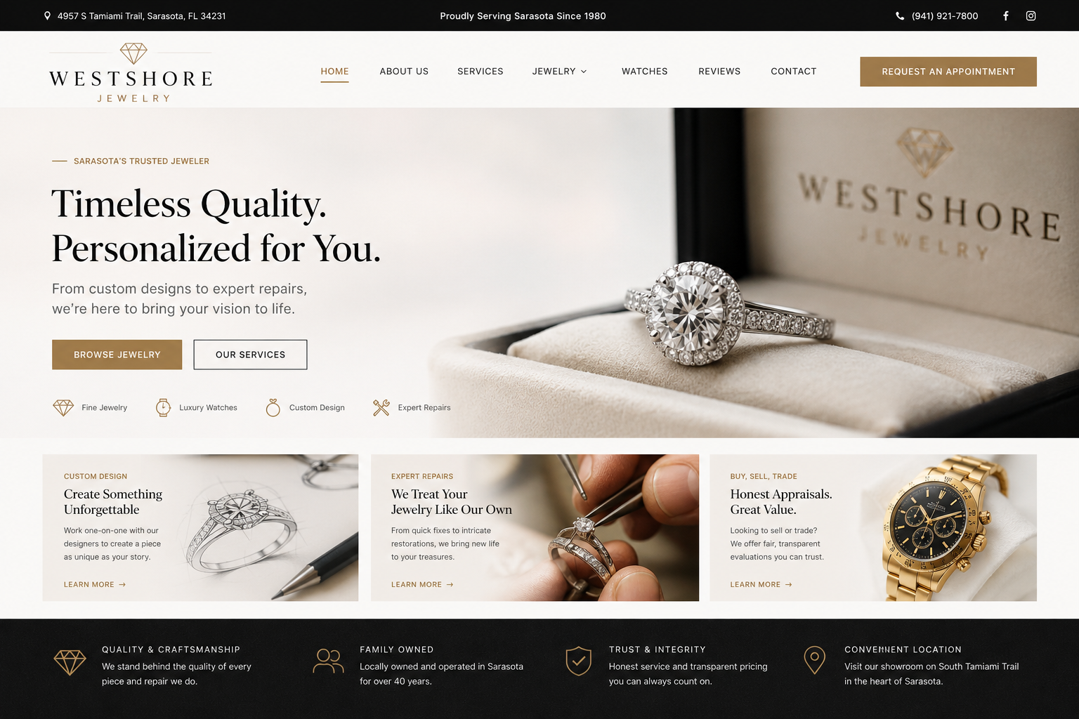 Jewelry store website mockup with premium product photography and appointment call to action