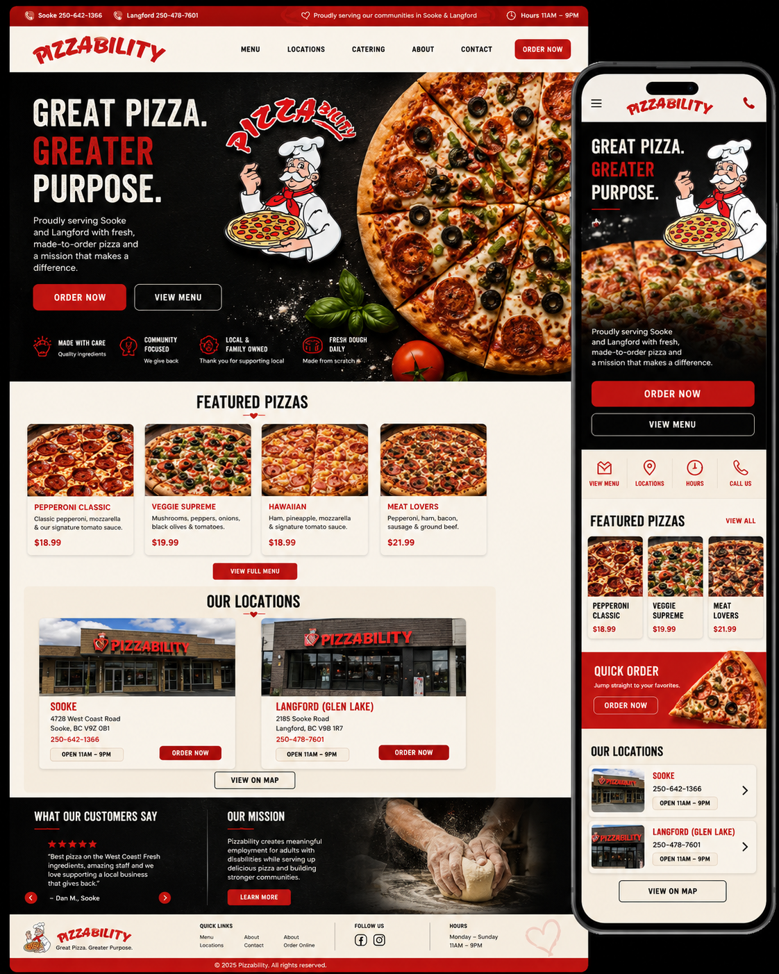 Pizza restaurant website mockup with desktop and mobile ordering layouts