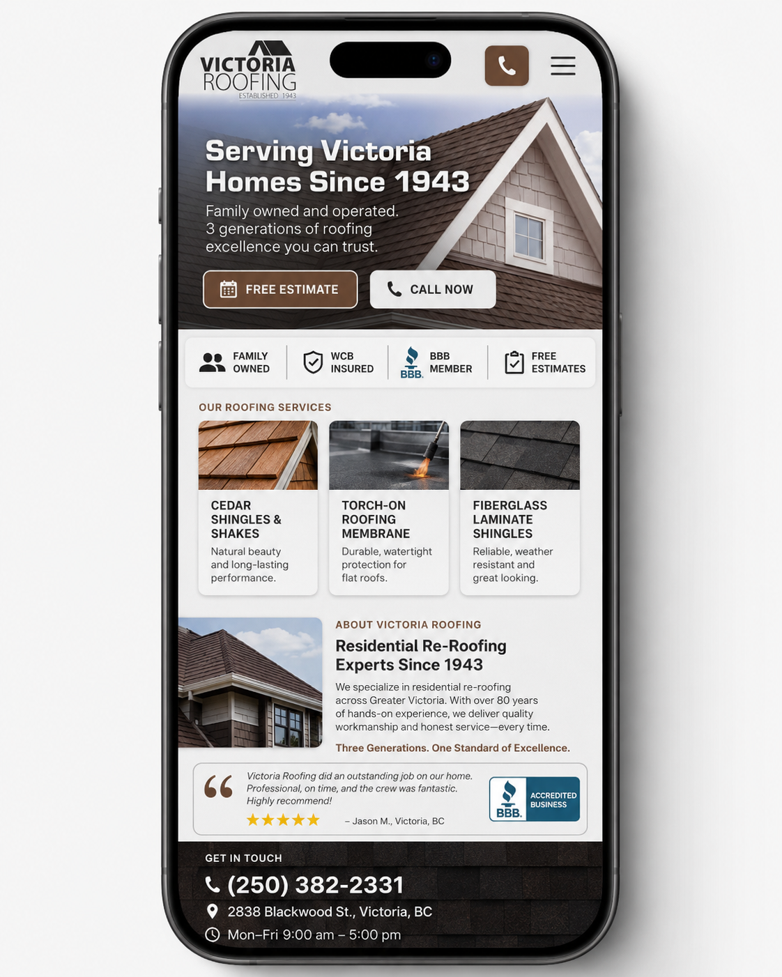 Roofing company mobile website mockup with estimate and call buttons