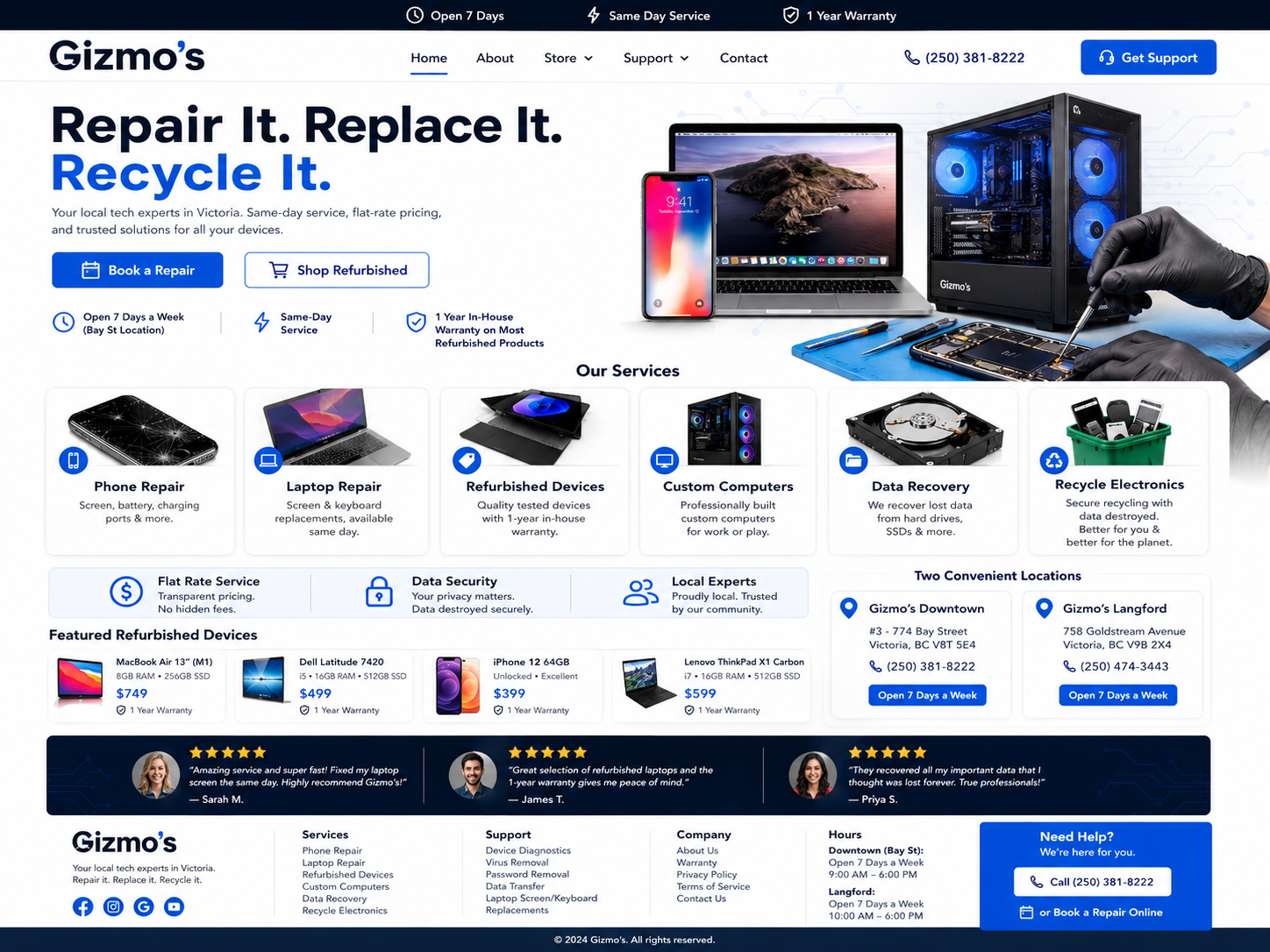 Tech repair website mockup with service cards and support calls to action